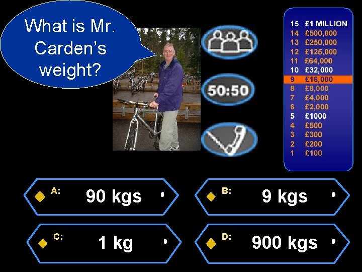 What is Mr. Carden’s weight? A: C: 90 kgs B: 9 kgs 1 kg