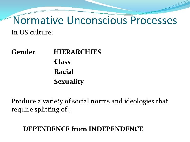 Normative Unconscious Processes In US culture: Gender HIERARCHIES Class Racial Sexuality Produce a variety