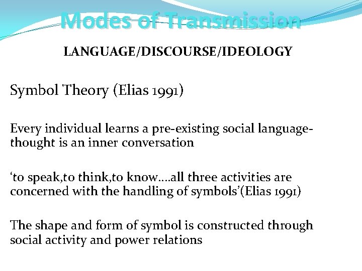 Modes of Transmission LANGUAGE/DISCOURSE/IDEOLOGY Symbol Theory (Elias 1991) Every individual learns a pre-existing social