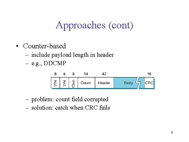 Approaches (cont) • Counter-based – include payload length in header – e. g. ,