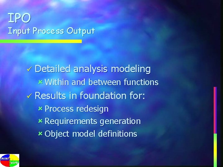 IPO Input Process Output ü Detailed analysis modeling û Within and between functions ü