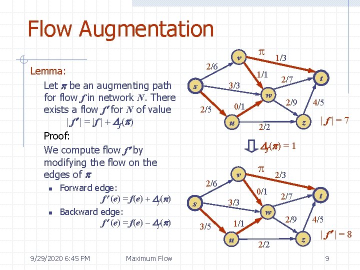 Flow Augmentation Lemma: Let p be an augmenting path for flow f in network