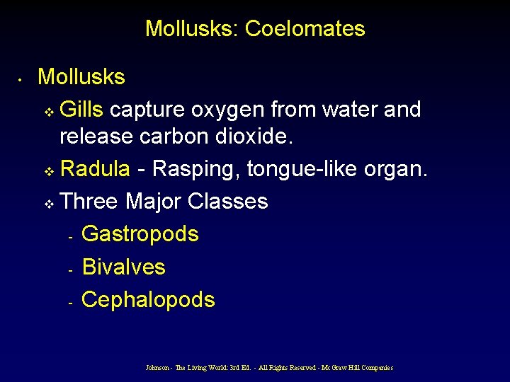 Mollusks: Coelomates • Mollusks v Gills capture oxygen from water and release carbon dioxide. Mollusks: Coelomates • Mollusks v Gills capture oxygen from water and release carbon dioxide.