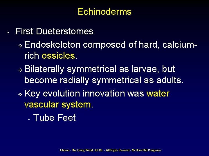 Echinoderms • First Dueterstomes v Endoskeleton composed of hard, calciumrich ossicles. v Bilaterally symmetrical Echinoderms • First Dueterstomes v Endoskeleton composed of hard, calciumrich ossicles. v Bilaterally symmetrical
