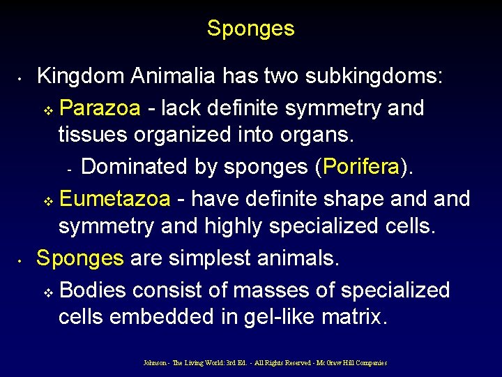 Sponges • • Kingdom Animalia has two subkingdoms: v Parazoa - lack definite symmetry Sponges • • Kingdom Animalia has two subkingdoms: v Parazoa - lack definite symmetry