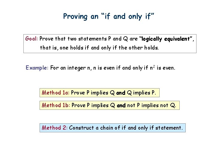 Proving an “if and only if” Goal: Prove that two statements P and Q
