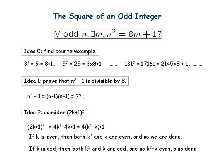 The Square of an Odd Integer Idea 0: find counterexample. 32 = 9 =