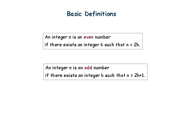 Basic Definitions An integer n is an even number if there exists an integer