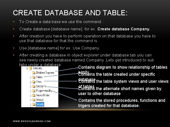 CREATE DATABASE AND TABLE: • To Create a data base we use the command