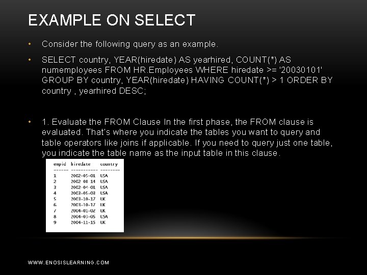 EXAMPLE ON SELECT • Consider the following query as an example. • SELECT country,