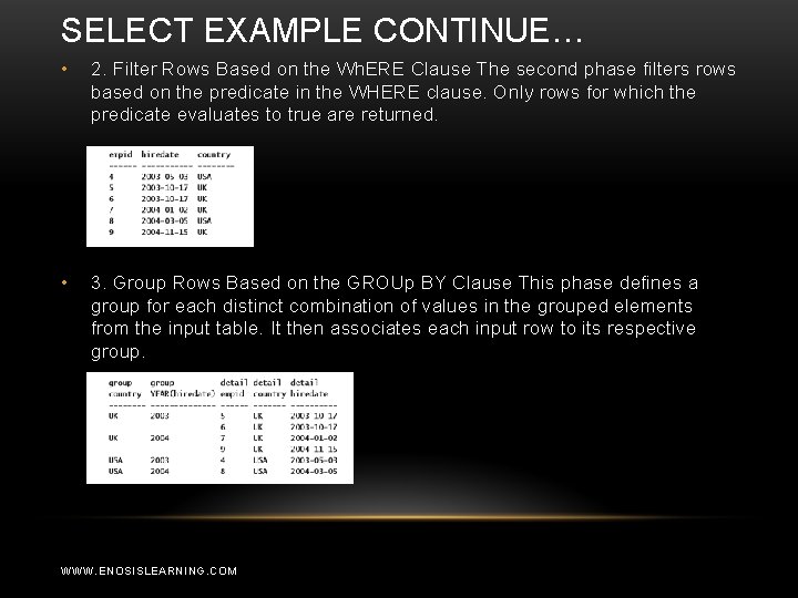 SELECT EXAMPLE CONTINUE… • 2. Filter Rows Based on the Wh. ERE Clause The