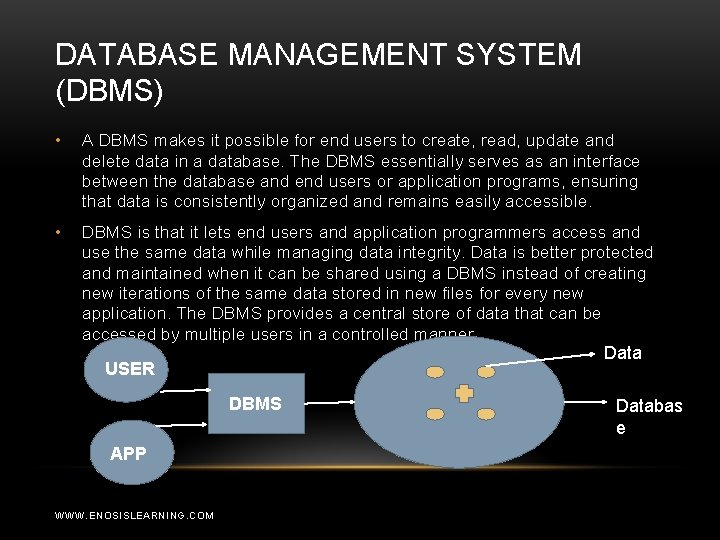 DATABASE MANAGEMENT SYSTEM (DBMS) • A DBMS makes it possible for end users to