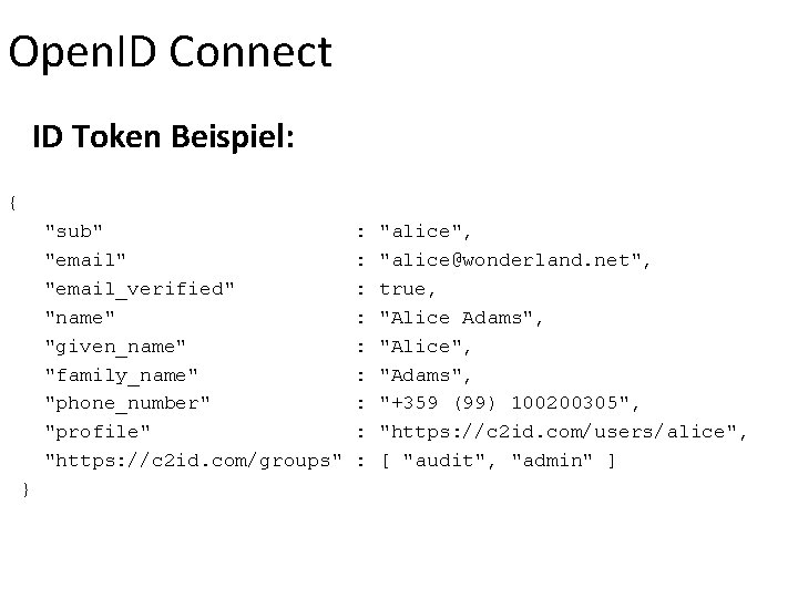 Open. ID Connect ID Token Beispiel: { "sub" "email_verified" "name" "given_name" "family_name" "phone_number" "profile"