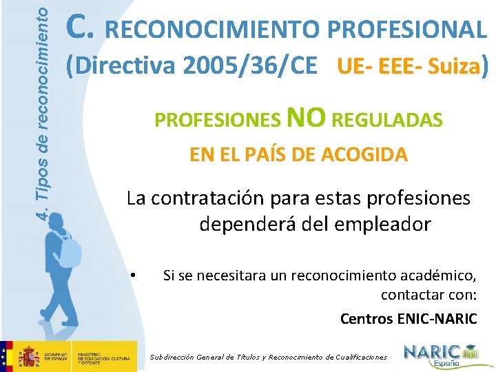 4. Tipos de reconocimiento C. RECONOCIMIENTO PROFESIONAL (Directiva 2005/36/CE UE- EEE- Suiza) PROFESIONES NO