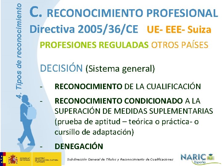 4. Tipos de reconocimiento C. RECONOCIMIENTO PROFESIONAL Directiva 2005/36/CE UE- EEE- Suiza PROFESIONES REGULADAS