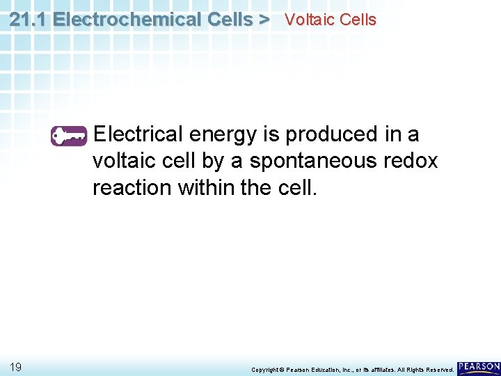 21. 1 Electrochemical Cells > Voltaic Cells Electrical energy is produced in a voltaic
