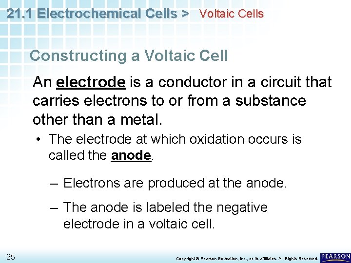 21. 1 Electrochemical Cells > Voltaic Cells Constructing a Voltaic Cell An electrode is