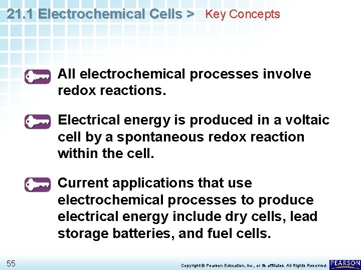 21. 1 Electrochemical Cells > Key Concepts All electrochemical processes involve redox reactions. Electrical