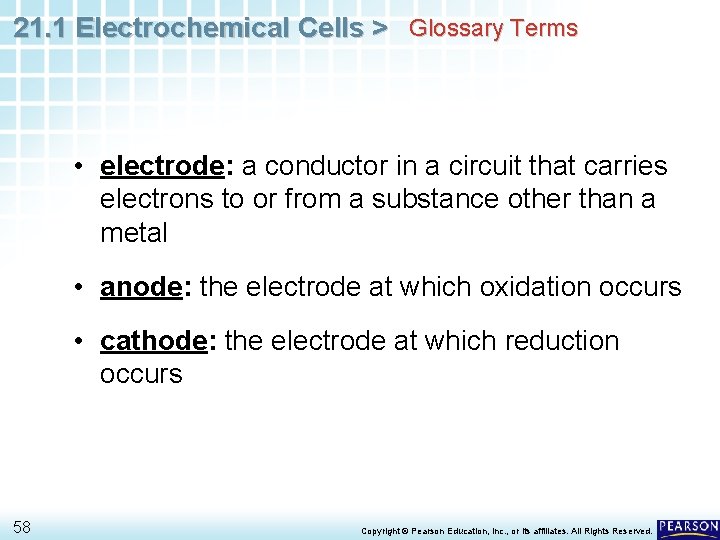 21. 1 Electrochemical Cells > Glossary Terms • electrode: a conductor in a circuit