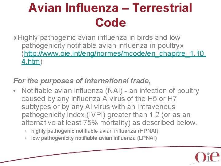 Avian Influenza – Terrestrial Code «Highly pathogenic avian influenza in birds and low pathogenicity