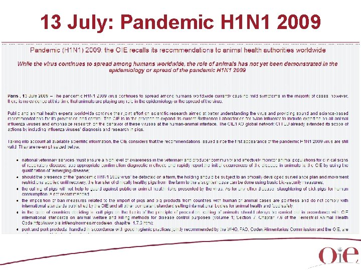 13 July: Pandemic H 1 N 1 2009 