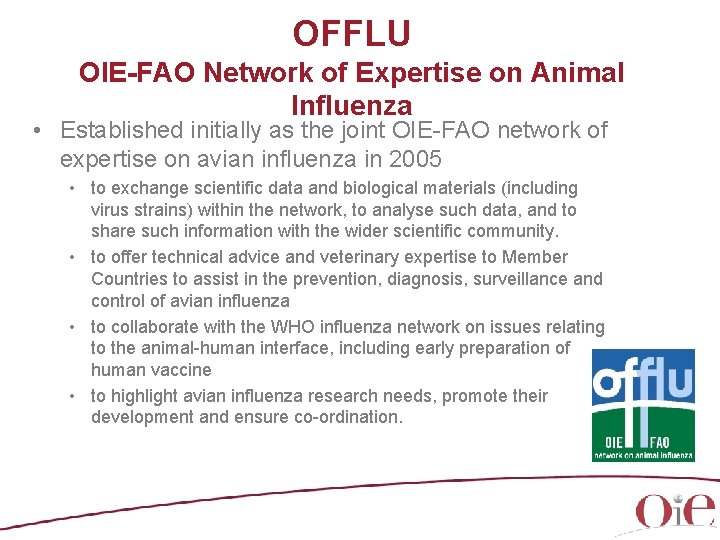 OFFLU OIE-FAO Network of Expertise on Animal Influenza • Established initially as the joint