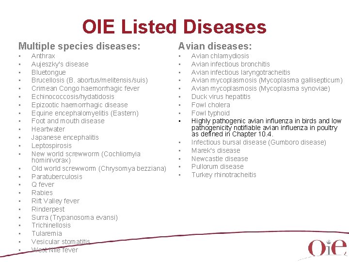 OIE Listed Diseases Multiple species diseases: Avian diseases: • • • • • •