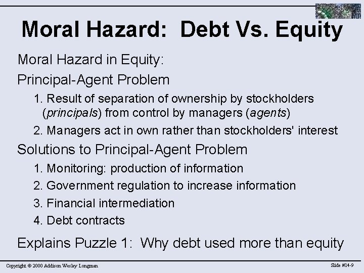 Moral Hazard: Debt Vs. Equity Moral Hazard in Equity: Principal-Agent Problem 1. Result of