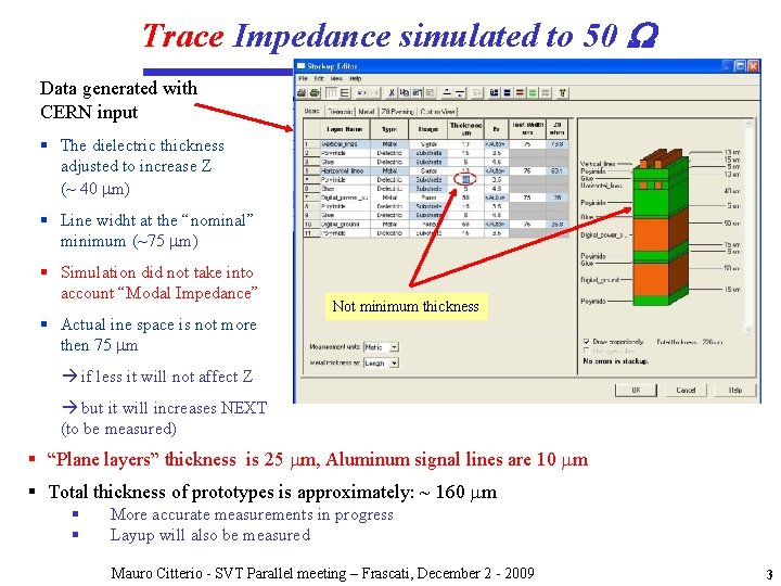Trace Impedance simulated to 50 W Data generated with CERN input § The dielectric Trace Impedance simulated to 50 W Data generated with CERN input § The dielectric