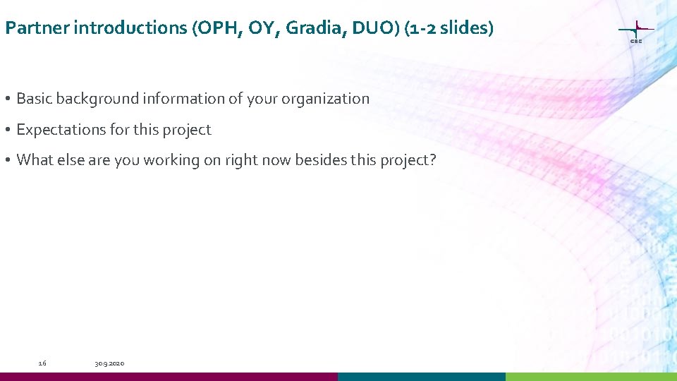 Partner introductions (OPH, OY, Gradia, DUO) (1 -2 slides) • Basic background information of