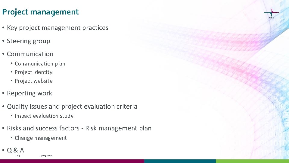 Project management • Key project management practices • Steering group • Communication plan •