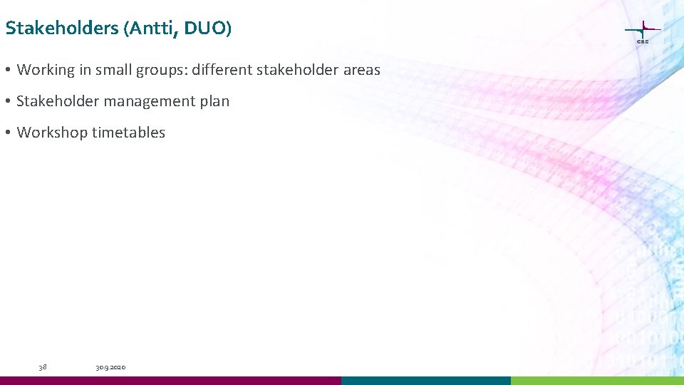 Stakeholders (Antti, DUO) • Working in small groups: different stakeholder areas • Stakeholder management