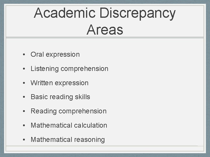 Academic Discrepancy Areas • Oral expression • Listening comprehension • Written expression • Basic