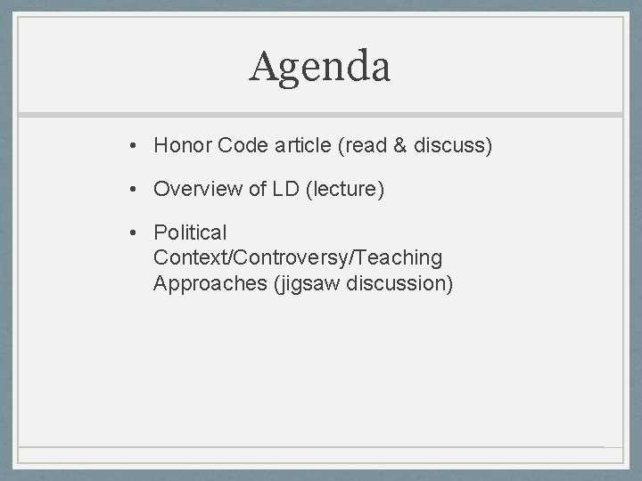 Agenda • Honor Code article (read & discuss) • Overview of LD (lecture) •