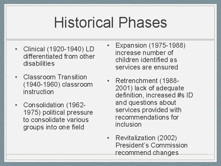 Historical Phases • Clinical (1920 -1940) LD differentiated from other disabilities • Classroom Transition