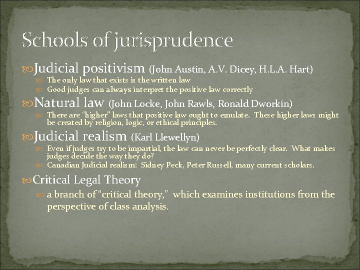 Schools of jurisprudence Judicial positivism (John Austin, A. V. Dicey, H. L. A. Hart) Schools of jurisprudence Judicial positivism (John Austin, A. V. Dicey, H. L. A. Hart)