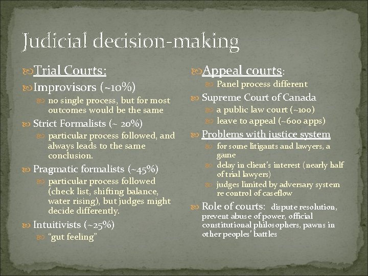 Judicial decision-making Trial Courts: Improvisors (~10%) no single process, but for most outcomes would Judicial decision-making Trial Courts: Improvisors (~10%) no single process, but for most outcomes would