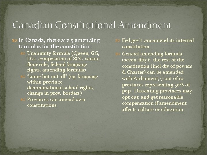 Canadian Constitutional Amendment In Canada, there are 5 amending formulas for the constitution: Unanimity Canadian Constitutional Amendment In Canada, there are 5 amending formulas for the constitution: Unanimity