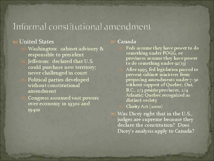 Informal constitutional amendment United States Washington: cabinet advisory & responsible to president Jefferson: declared Informal constitutional amendment United States Washington: cabinet advisory & responsible to president Jefferson: declared
