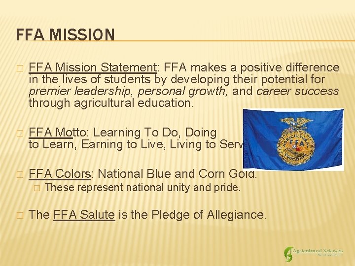 FFA MISSION � FFA Mission Statement: FFA makes a positive difference in the lives