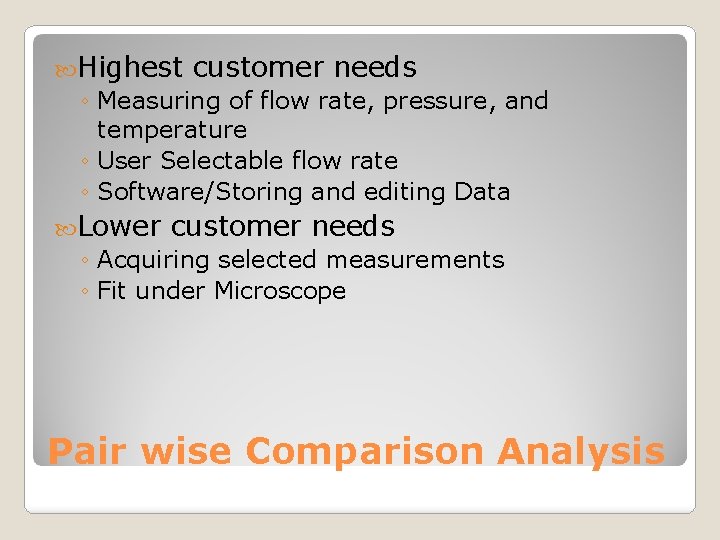  Highest customer needs ◦ Measuring of flow rate, pressure, and temperature ◦ User