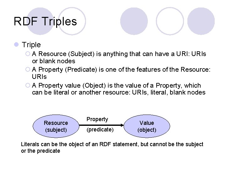 RDF Triples l Triple ¡ A Resource (Subject) is anything that can have a