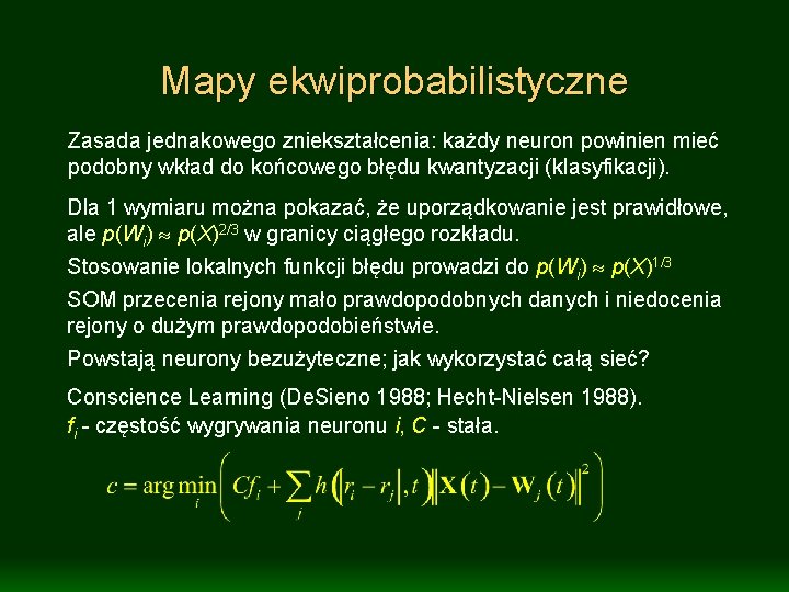 Mapy ekwiprobabilistyczne Zasada jednakowego zniekształcenia: każdy neuron powinien mieć podobny wkład do końcowego błędu