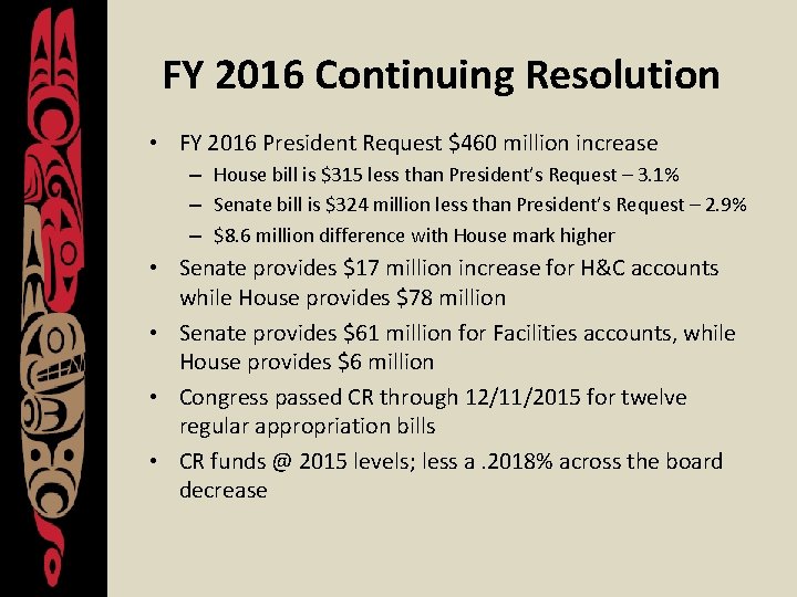 FY 2016 Continuing Resolution • FY 2016 President Request $460 million increase – House