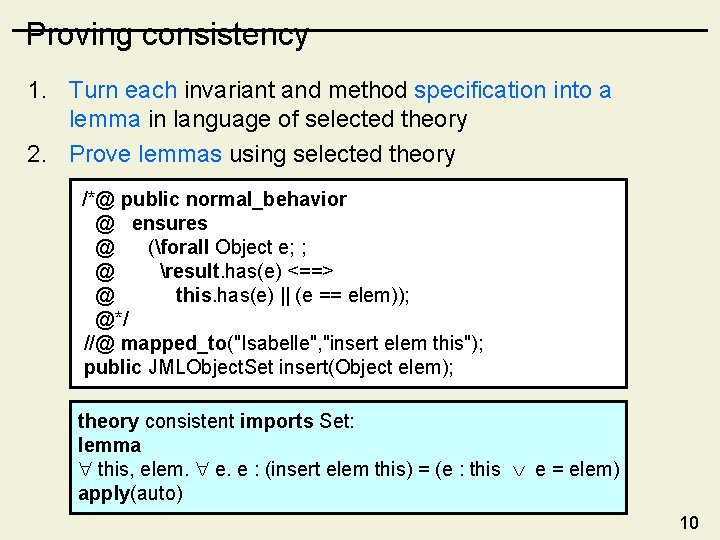 Proving consistency 1. Turn each invariant and method specification into a lemma in language