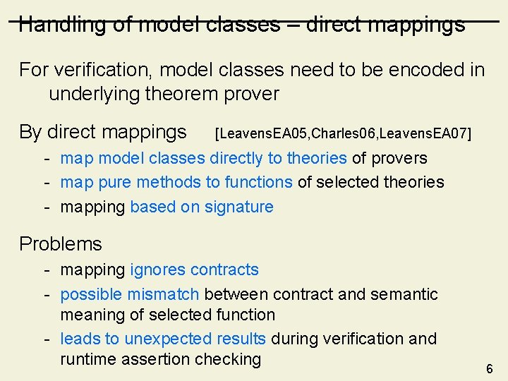 Handling of model classes – direct mappings For verification, model classes need to be