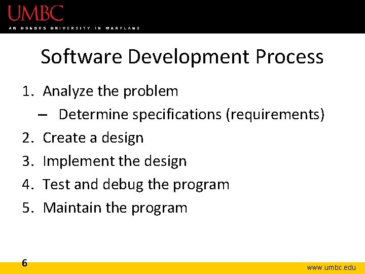 Software Development Process 1. Analyze the problem – Determine specifications (requirements) 2. Create a