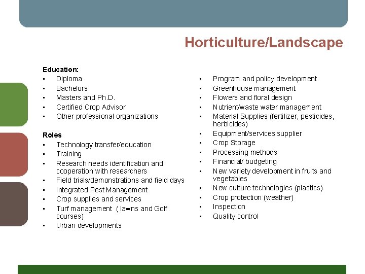 Horticulture/Landscape Education: • Diploma • Bachelors • Masters and Ph. D. • Certified Crop