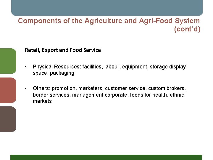 Components of the Agriculture and Agri-Food System (cont’d) Retail, Export and Food Service •
