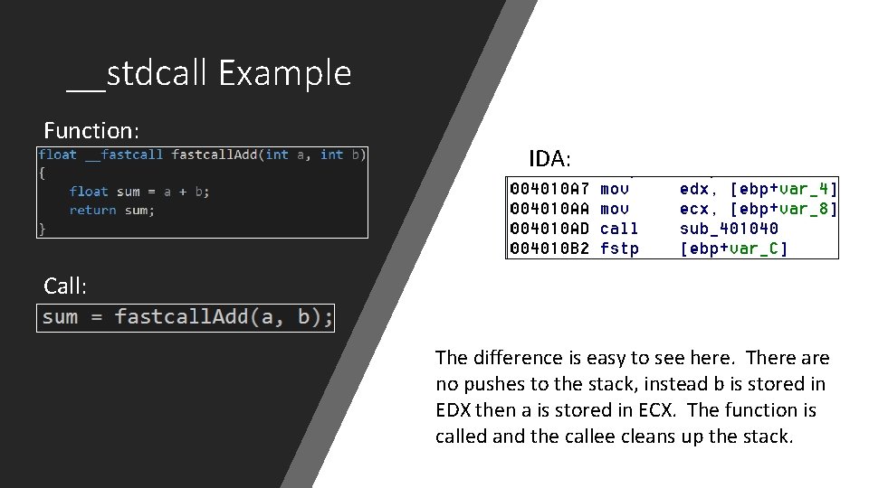 __stdcall Example Function: IDA: Call: The difference is easy to see here. There are